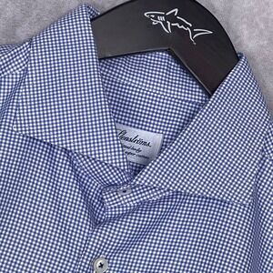 Stenströms Button Down Shirt Mens 17.5 Blue White Micro Check Fitted Body Cotton